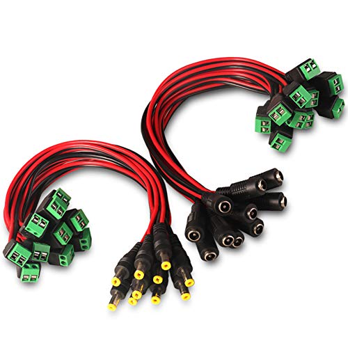 10 Pairs DC Power Pigtail Cable 18AWG 12V 5A Male & Female, Upgraded with Terminal Jack Socket Connectors for CCTV Home Security Surveillance and Party Lighting by MILAPEAK (2.1mm x 5.5 mm)