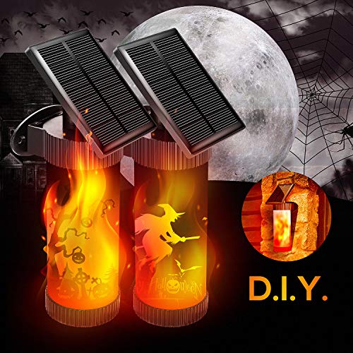 CINBOS Halloween Lights, 2PCS LED Solar Wall Lights, Flickering Flames Night Lights with 5 Patterns Stickers, Outdoor Decorative Lights for Patio, Garden, Gate, Yard, Halloween, Christmas Decorations