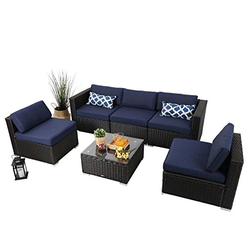 PHI VILLA Outdoor Rattan Sectional Sofa- Patio Wicker Furniture Set (6-Piece 2, Blue)