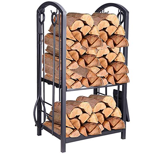 Pinty Firewood Log Rack Firewood Storage Fireplace Tool Set with 4 Tools Indoor Outdoor Firewood Holders Lumber Storage Stacking Black