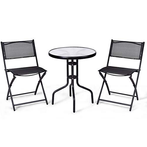 Giantex 3 Pcs Bistro Set Garden Backyard Round Table Folding Chairs, with Rust-Proof Steel Frames & Reinforced Glass Design Outdoor Patio Furniture, Black