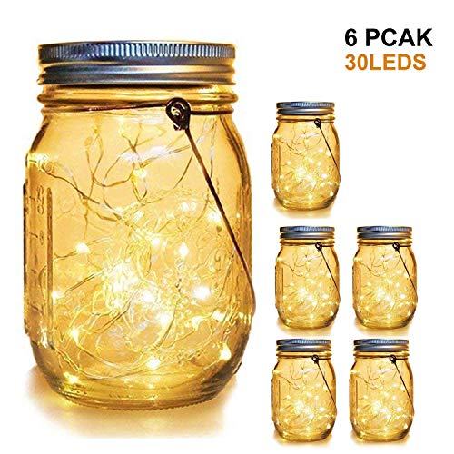 WERTIOO 4 Pack Solar Mason Jars Lights,30 LEDs Hanging Solar Lanterns Garden Decor Outdoor Lights Warm White Table Decor Fairy Lights for Patio Wedding Christmas Party (6 Pack)