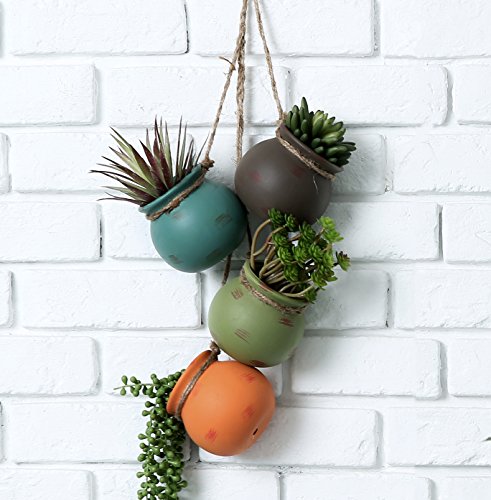 Dangling Multicolor Ceramic 4 Pot Set, Wall or Ceiling Mount Hanging Mini Flower Planters
