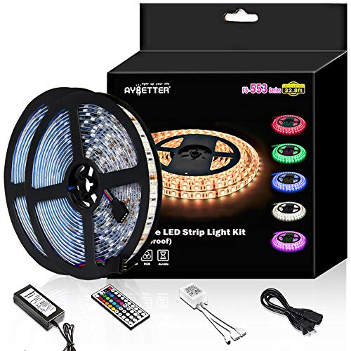 Led Strip Light Waterproof 600leds 32.8ft 10m Waterproof Flexible Color Changing RGB SMD 5050 600leds LED Strip Light Kit with 44 Keys IR Remote Controller and 12V 5A Power Supply