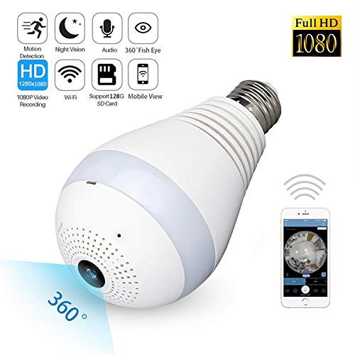 WiFi 1080P Light Bulb Camera, 360°Degree Wireless Panoramic Fisheye Indoor&Outdoor Camera with Night Vision/Motion Detection/Two-Way Audio/Lighting Lamp, Compatible with iOS/Android App