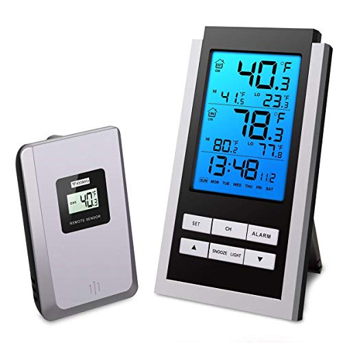 AMIR Wireless Indoor Outdoor Thermometer, LCD Digital Thermometer with Alarm Clock and Snooze Function, Remote Temperature Monitor with Blue Backlight for Home, Office, Baby Room, Battery Not Included