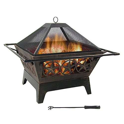 Sunnydaze Northern Galaxy Fire Pit, Large Square Outdoor Wood Burning Patio Firepit with Cooking Grate and Spark Screen, 32 Inch