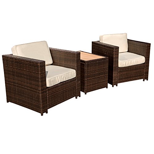 Sundale Outdoor 3 Piece Aluminum Wicker Chat Set – All Weather Chat Group with Cushions,Dark Brown