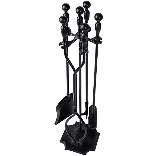 Rustic Fireplace Tools 5 Pieces Wrought Iron Tool Set Fireset Firepit Fire Place Pit Poker Wood Stove Log Tongs Holder Tools Kit Sets with Handles Black Fireplaces Hearth Decoration Accessories