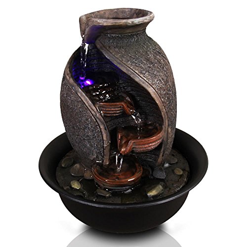 SereneLife 4-Tier Desktop Electric Water Fountain Decor w/ LED – Indoor Outdoor Portable Tabletop Decorative Zen Meditation Waterfall Kit Includes Submersible Pump & 12V Power Adapter