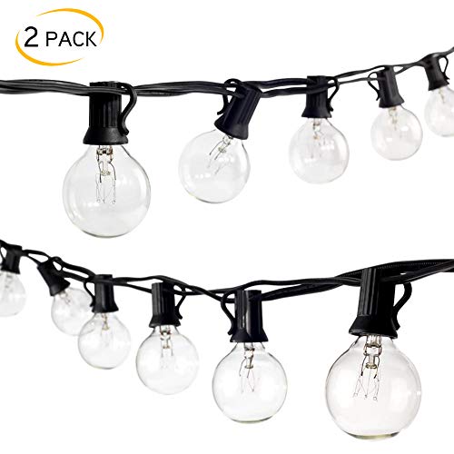 (2 Pack) 25Ft Outdoor Patio String Lights with 25 Clear Globe G40 Bulbs and 1 Spare Bulb, UL listed Hanging Indoor/Outdoor String Lights, Perfect for Backyard Porch Garden Pergola Market Cafe, Black
