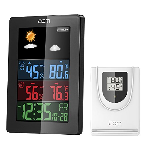 AOMKS Weather Station, Indoor Outdoor Thermometer with Sensor, Outdoor Digital Thermometers Weather Clocks with Temperature/Humidity/Calendar (Black)