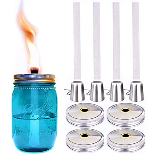 Mason Jar Tiki Torch Kits,4 Pack Longlife Fiberglass Tiki Torch Wicks,Stainless Steel Mason Jar Lids and Caps Included,Make Oil Fuel Lamps for Patio Garden Tabletop Torches Lantern Lights