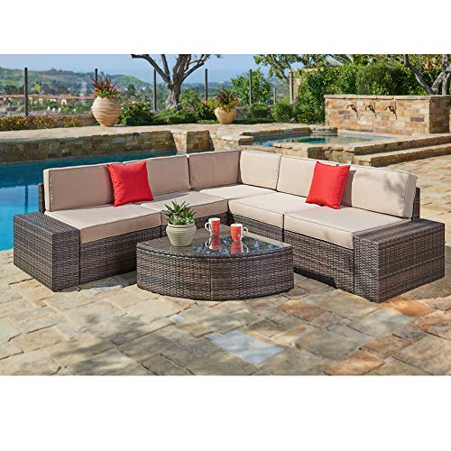 SUNCROWN Outdoor Furniture Sectional Sofa & Wedge Table (6-Piece Set) All-Weather Brown Wicker with Washable Seat Cushions & Modern Glass Coffee Table | Patio, Backyard, Pool | Incl. Waterproof Cover