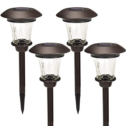 GIGALUMI Solar Path Lights, Set of 4, Bronze, with Glass Lens, Rechargeable Battery, and Extra-Bright Automatic LED for Patio, Yard, Lawn and Garden.(Warm White)