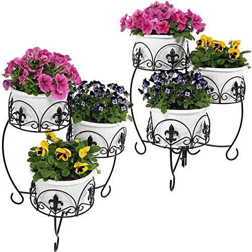 Sunnydaze Three-Tiered Plant Stand, Indoor/Outdoor Metal Flower Holder, 22 Inch, Set of Two, Black