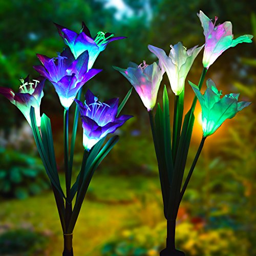Outdoor Solar Garden Stake Lights – Doingart 2 Pack Solar Powered Lights with 8 Lily Flower, Multi-color Changing LED Solar Decorative Lights for Garden, Patio, Backyard (Purple and White)
