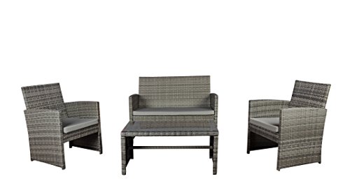 Modern Outdoor Garden, Patio 4 Piece Seat – Wicker Sofa Furniture Set (Grey)