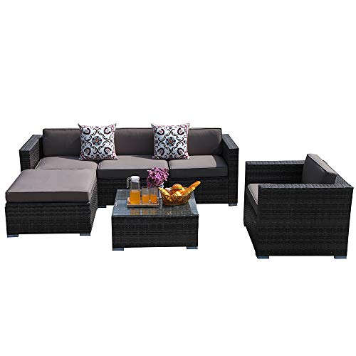 PATIOROMA Outdoor Furniture,6 Piece Patio Sectional Sofa Set with Dark Grey PE Wicker Furniture,Light Brown Cushions,Plus 2 Pillows