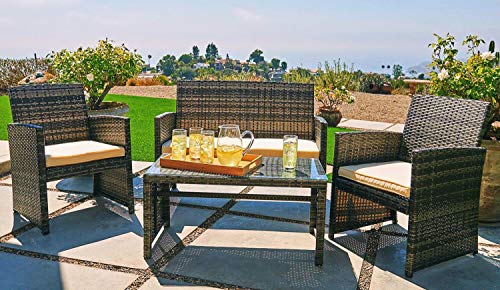 Outroad Outdoor Furniture 4 Piece Grey Wicker Patio Sofa Set – All Weather Cushioned Wicker Love Seat W/Glass Top Table & Two Armchairs