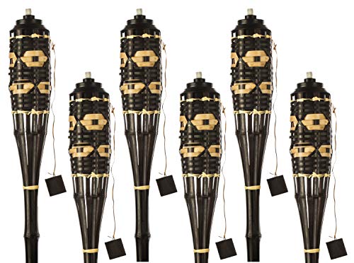 5 Star North Brown/Natural Weave Bamboo Torches; Decorative Tiki-Style Torches Fiberglass Wicks; Extra-Large (16oz) Metal Canisters Longer Lasting Burn; Stands 59″ Tall (6 Pack)