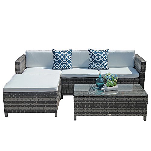 Outdoor Patio Furniture Set, 5pc PE Wicker Rattan Sectional Furniture Set with Cream White Seat and Back Cushions, Steel Frame, Blue Throw Pillows,Gray