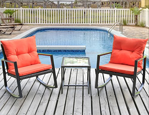 Leisure Zone Outdoor Patio 3 PCS Wicker Rocking Bistr Porch Deck Rockers Coffee Table, Orange Cushion