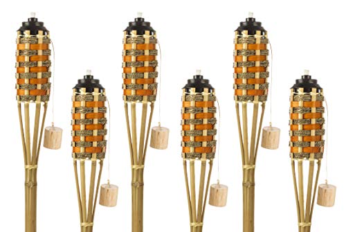 5 Star North Orange/Rope Weave Bamboo Torches; Decorative Tiki-Style Torches Fiberglass Wicks; Extra-Large (16oz) Metal Canisters Longer Lasting Burn; Stands 59″ Tall (6 Pack)