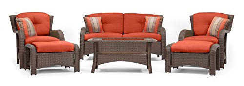 La-Z-Boy Outdoor Sawyer 6 Piece Resin Wicker Patio Furniture Conversation Set (Grenadine Orange) with All Weather Sunbrella Cushions