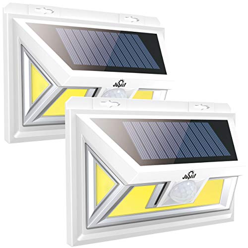 JUSLIT Motion Sensor Outdoor 74 Light Sources COB LED Solar Light, Super Bright, with Wider-Angle Lighting Panel, Wireless Waterproof Security Lights for Garage, Pathways, Backyard(2PK)
