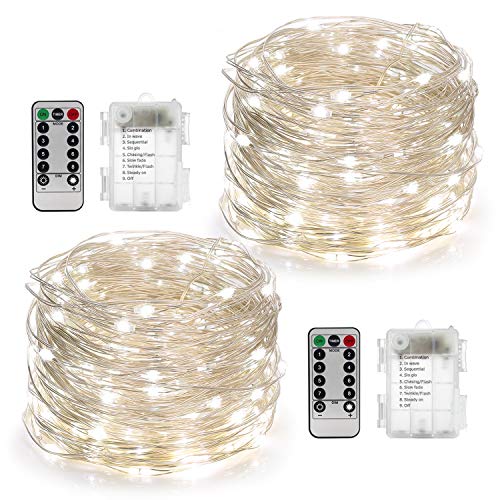 YIHONG 2 Set String Lights 8 Modes 50LED Fairy Lights Battery Operated 16.4FT Twinkle Firefly Lights with Remote Timer for Bedroom Patio Garden Wedding Party Festival Indoor Outdoor Decor-Soft White