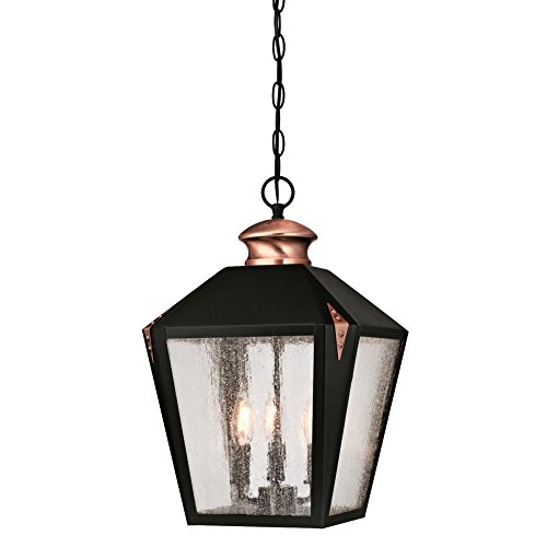Westinghouse 6339100 Valley Forge Three-Light Outdoor Pendant, Matte Black Finish with Washed Copper Accents and Clear Seeded Glass