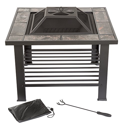 Fire Pit Set, Wood Burning Pit – Includes Screen, Cover and Log Poker – Great for Outdoor and Patio, 30 inch Square Marble Tile Firepit by Pure Garden