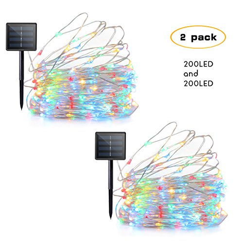 Lalapao 2 Pack Solar Powered LED String Lights 200 LED Christmas Lights Copper Wire Starry Fairy String Lights Waterproof Decor Lighting for Xmas Tree Outdoor Indoor Bedroom Garden Party (Multi Color)