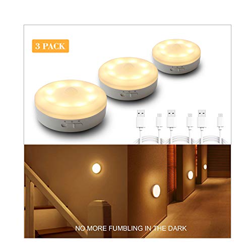 Rechargeable Puck Lights 1000mAH Battery Operated Motion Sensor Light LED Stick Anywhere,Cordless Closet Light,Automatic Cabinet Lighting For Counter,Pantry,Wardrobe,Hallway,Stairs,Warm White 3 Pack
