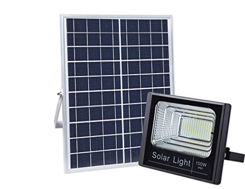 100W Solar Powered Street Flood Lights, 196 Leds 5,000 Lumens Outdoor Waterproof IP67 with Remote Control Security Lighting for Yard, Garden, Gutter, Swimming pool, Pathway, Basketball Court, Arena