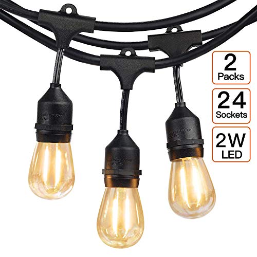 2-Pack 48Ft Outdoor LED String Lights 24 × E26 Hanging Sockets w/2W S14 Vintage Bulbs, Commercial Grade, Weatherproof, Heavy Duty Edison String Lights for Patio Bistro Cafe Market Backyard Deck-96ft