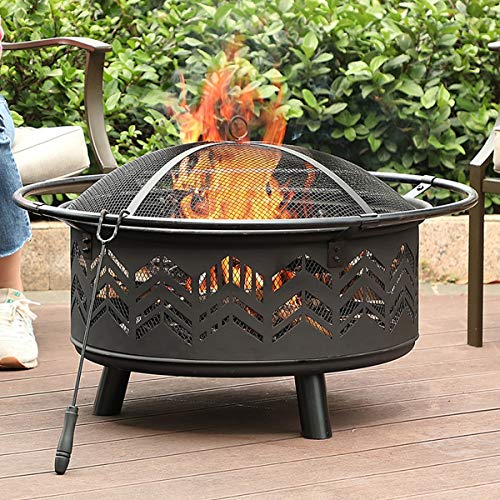 PHI VILLA 29″ Fire Pit Large Steel Patio Fireplace Chevron Cutouts Portable, Poker & Spark Screen Included