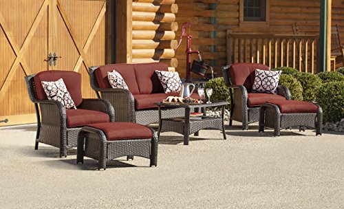 Hanover STRATHMERE6PCRED Strathmere 6-Piece Steel-Frame Wicker Outdoor Patio Seating Set with Crimson Red Cushions, 4 Throw Pillows and Glass-Top Coffee Table