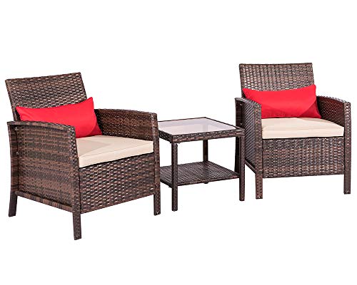 SUNCROWN Outdoor Furniture Wicker Chairs with Glass Top Table (3-Piece Set) All-Weather | Thick, Durable Cushions with Washable Covers | Porch, Backyard, Pool or Garden
