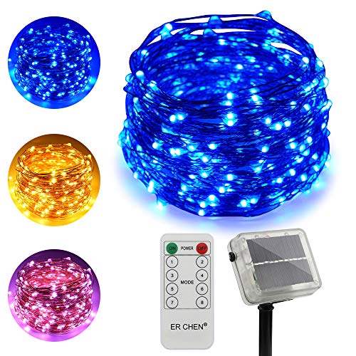 ErChen Dual-Color Solar Powered LED String Lights, 100FT 300 Leds Remote Control Color Changing 8 modes Copper Wire Decorative Fairy Lights for Outdoor Garden Patio (Warm White, Blue)