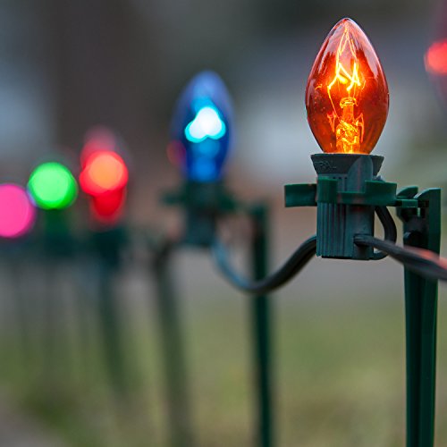 Set of 100 C7 Christmas Pathway Lights – Walkway Lights/Driveway Christmas Lights/Christmas Stake Lights, Outdoor Christmas Lights, Green Wire, 7.5” Stakes, 100 Ft (Multicolor Lights)