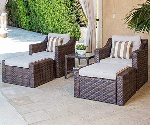 Solaura Sofa Sets 5-Piece Outdoor Furniture Set Brown Wicker Lounge Chair & Ottoman with Neutral Beige Cushions & Glass Coffee Side Table