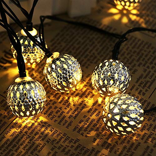 Obrecis Solar Metal Ball String Lights, 20 LED Solar Powered Globe Moroccan Balls Decor for Indoor Outdoor Ground, Garden Lawn, Patio -16ft (Silver)