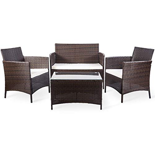 Merax 4 pcs Patio Furniture Set Outdoor Wicker Garden Furniture Set with Beige cushion (Brown)