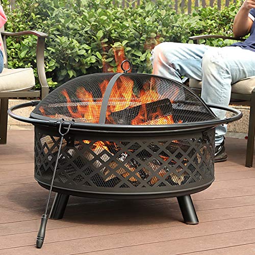 PHI VILLA 32″ Fire Pit Large Steel Patio Fireplace Cutouts Pattern with Poker & Spark Screen