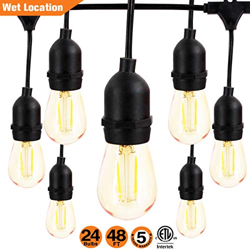 OOOLED 48-Foot Outdoor Weatherproof Commercial Grade String Lights with 16 Hanging Sockets- 24 2W S14 Incandescent Bulbs Included-Perfect Patio Lights & Party Lights-Black