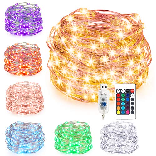 Kohree String Lights Christmas Light, Fairy Light, 33ft 100 LEDs 16 Colors, USB Powered Warm White Multi Color Changing String Lights with Remote, Silver Wire Lights for Holiday Decoration