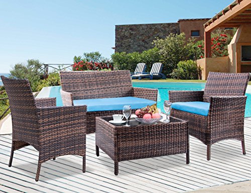 Leisure Zone 4 PCS Patio Furniture Outdoor Garden Conversation Wicker Sofa Set (Blue Cushion)