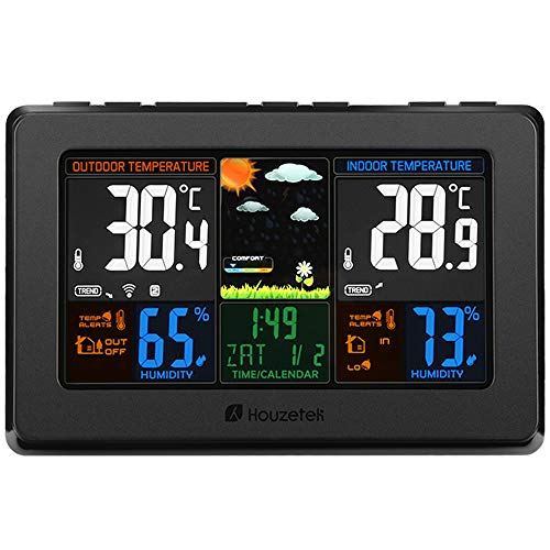 Wireless Weather Station, Houzetek S657 Digital Indoor Outdoor Thermometer Color Forecast Station Home Temperature and Humidity Monitor, Large Display Digital Tabletop Hygrometer with Sensor, USB Port